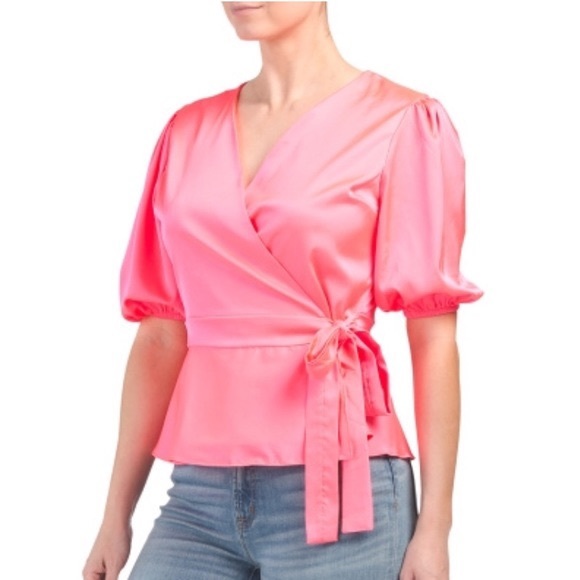 Vone Neon Pink Faux Satin Wrap Blouse - Picture 2 of 5